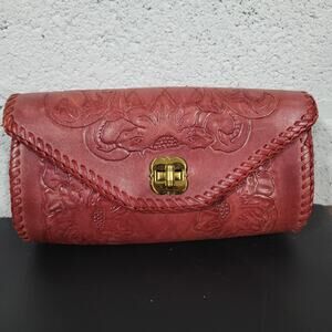 Vintage Tooled Leather Clutch Wallet Red Burgundy Floral